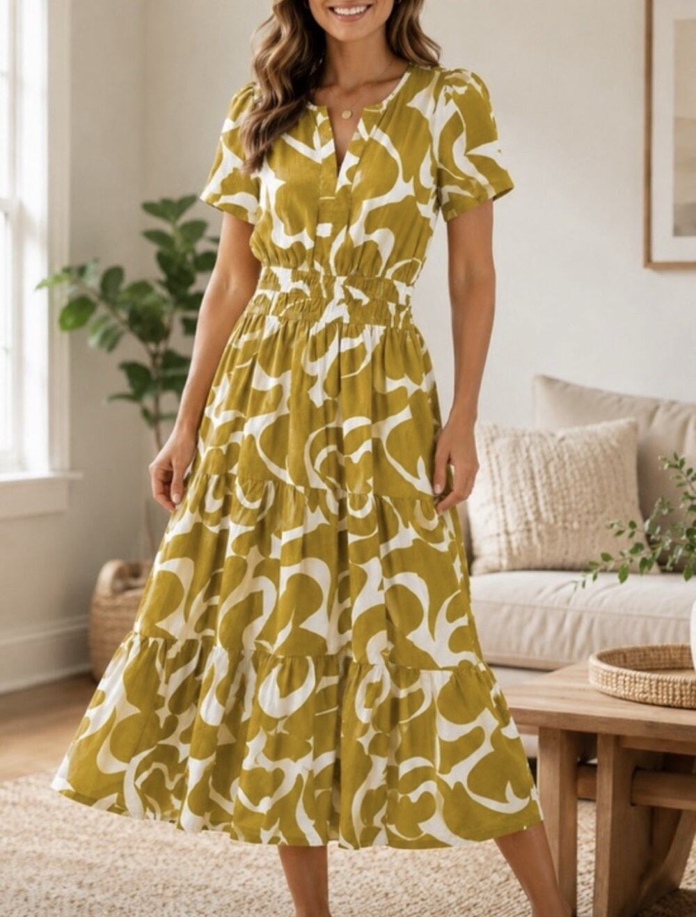 Anthropologie Meadow Rhodes Dress XL Mustard White Geometric Smocked Tiered Maxi